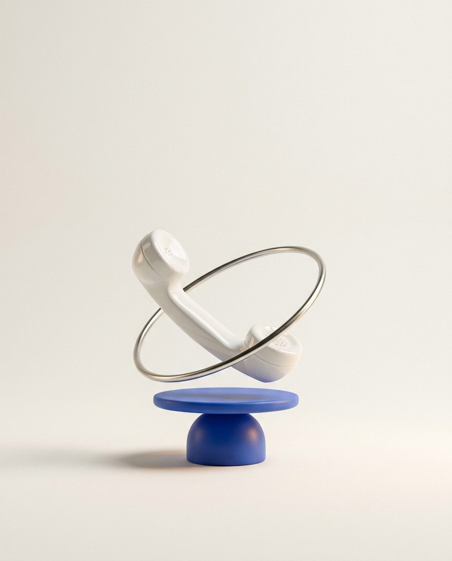 Studio render of a ceramic telephone handset floating above a blue pedestal